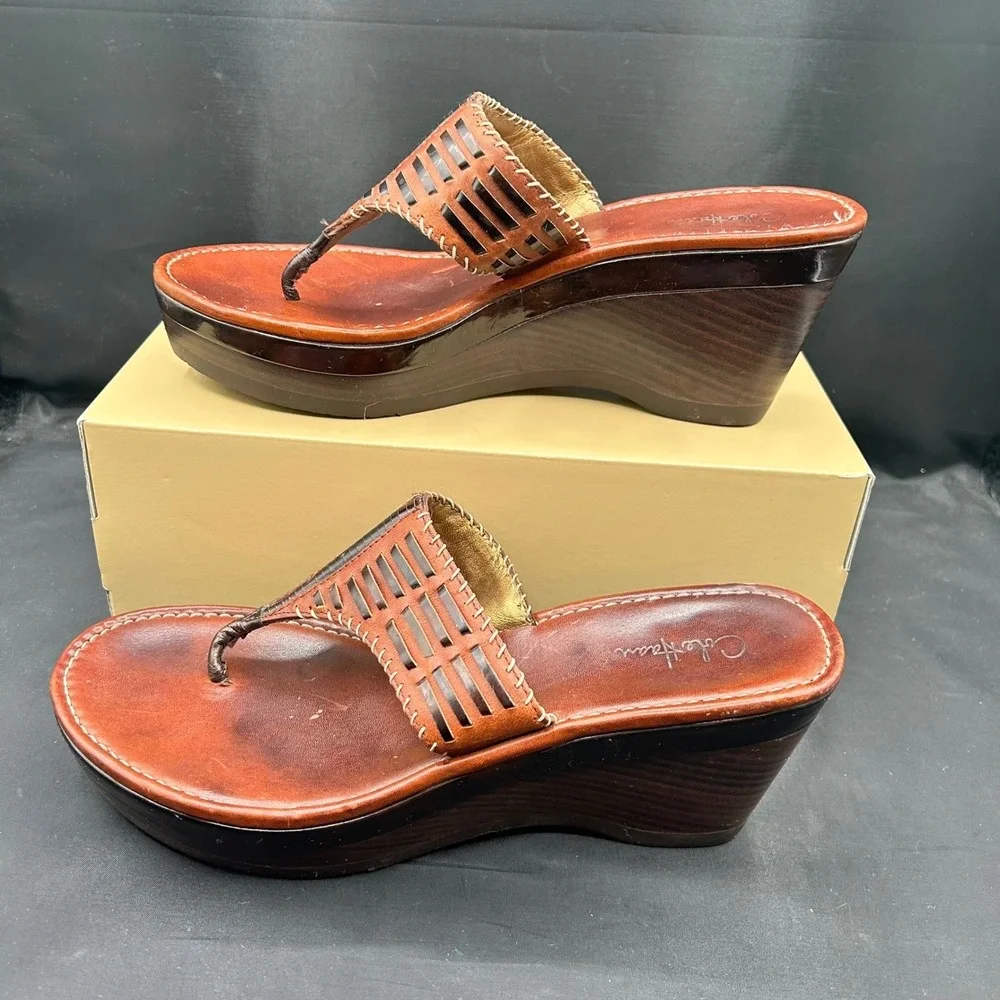 Cole Haan NikeAir Brown Leather Wedge Sandals Whipstitch Thong Platform 8B